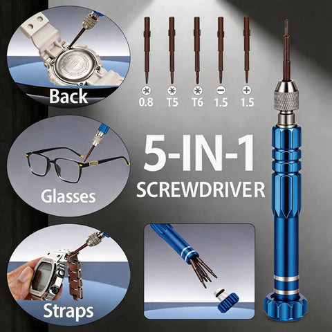All In One Watch Repair Kit With Link Removal Tool 18 Sizing Options, Screwdriver Set, Spring Bar Tool, Band Hole Punch, 5-in-1 screwdriver shown