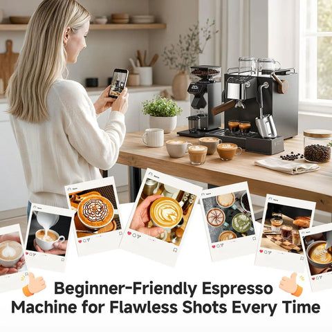 Hassle Free Semi Automatic Espresso Maker With Hands Free Milk Frother For Silky Lattes And Rich Cappuccinos Boasts Rapid Heat Up Custom Temperature Settings And Easy Touch Cleanup For Barista Vibes in a modern kitchen.