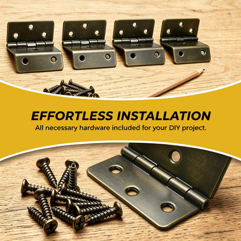 270 Degree Three Fold Half Surface Hinges Set Dope Durable Iron Retro Cabinet Hinges For Jewelry Boxes Chests Furniture And DIY Projects With Screws Bronze Finish. Hinges and screws on wooden surface showing effortless installation.