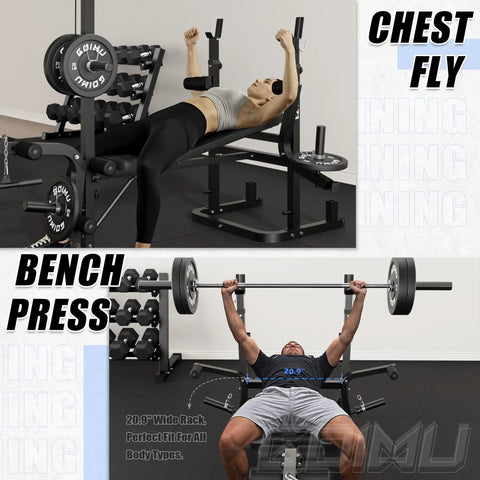 Man using Olympic Weight Bench Set With Leg Extension And Leg Curl 9 In 1 Workout Bench With Preacher Curl Pad And Lat Pulldown for chest exercises.
