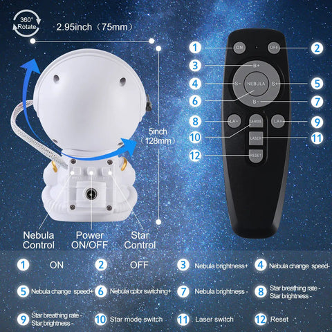 Mini Galaxy Projector Night Light With Remote Control for Kids Bedroom Ceiling Decor Nebula Aurora Starry Sky Projector, Cute Astronaut Version 2 showing control details.