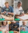 12X Magnifying Glass With Light And Stand For Craft And DIY Projects All In One Super Handy Ultra Long 35 Inch Swing Arm Four Way Clamp LED Lighted Magnifier Lamp used for model building, drafting, reading, carving, and painting miniatures.