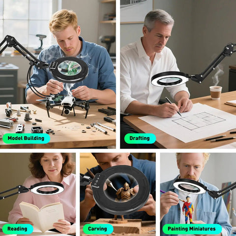 12X Magnifying Glass With Light And Stand For Craft And DIY Projects All In One Super Handy Ultra Long 35 Inch Swing Arm Four Way Clamp LED Lighted Magnifier Lamp used for model building, drafting, reading, carving, and painting miniatures.