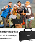 27 Piece Heavy Duty Grilling Tools Set For Men Fathers Day Gift Dad Approved Stainless Steel BBQ Utensils Kit in canvas bag displayed by group of people camping outdoors.
