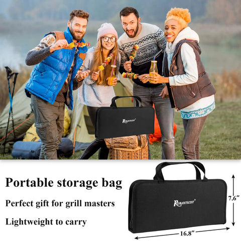 27 Piece Heavy Duty Grilling Tools Set For Men Fathers Day Gift Dad Approved Stainless Steel BBQ Utensils Kit in canvas bag displayed by group of people camping outdoors.