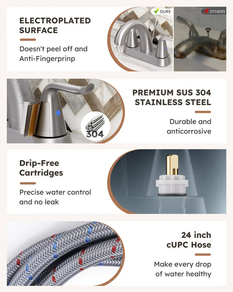 Features of the 2 Handle 4 Inch Centerset Bathroom Sink Faucet With Lift Rod Drain Stopper Lead Free Brushed Nickel Lavatory Vanity Faucet Easy Install For 3 Hole Basin Modern Heavy Duty Basin Mixer Tap including electroplated surface, SUS 304 steel, drip-free cartridges, and 24 inch cUPC hose.