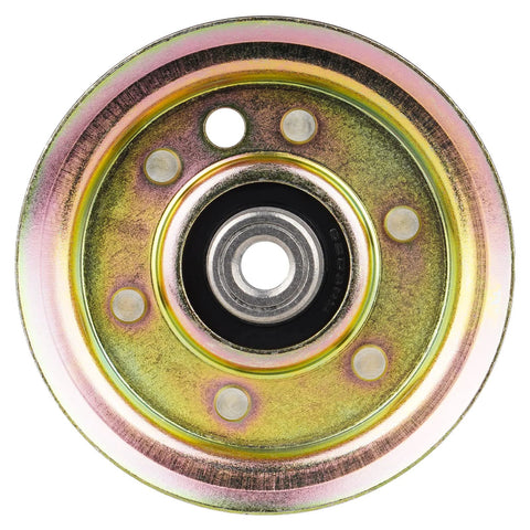 Front view of ILONPA flat idler pulley, zinc-plated steel with center bearing