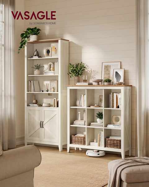 Hella Spacious Farmhouse Nine Cube Bookshelf With Heavy Duty Legs And Adjustable Shelves In Cloud White And Warm Brown For Living Room And Home Organization That Is Absolute Knockout For Tight Spaces in cozy interior setting.