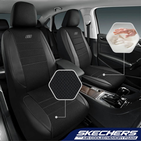 Air-Cooled Memory Foam Seat Covers With Mesh And Leather Trim For Front Seats, Airbag Compatible, Universal Fit, Black Interior