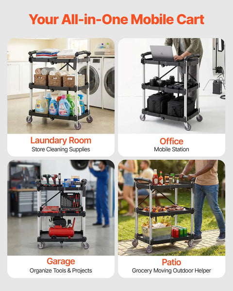 Foldable Utility Service Cart with 3 Shelves in laundry, office, garage, and patio settings, heavy duty, 165 lb capacity.