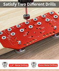 2 In 1 Shelf Pin And Hinge Jig For DIY Cabinets And Home Projects, aluminum adjustable drilling jig in use on wood surface