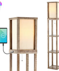 63.5 Inch Brown Wood Three Shelf Etagere Floor Lamp with USB Charging Port, Rustic Boho Tall Standing Storage Light, LED Bulb