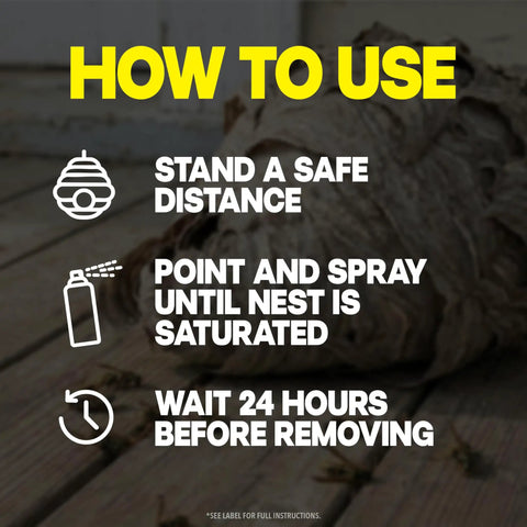 Instructions on using Straight Shooting Flying Insect Killer Spray For Wasps And Hornets With A Powerful Jet Stream.