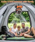 Family enjoying Cordless Camping Fan With 20000mAh Battery, LED Light, Remote, And USB Powerbank inside tent