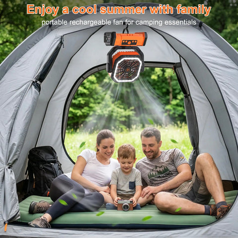 Family enjoying Cordless Camping Fan With 20000mAh Battery, LED Light, Remote, And USB Powerbank inside tent