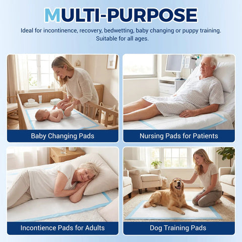 Heavy Duty Disposable Bed Pads 30 X 36 Inch Extra Large Underpads 50 Pack used for baby changing, nursing, and pet training.