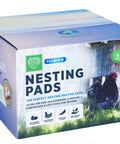 Box of Cozy Egg Nesting Pads For Hens, 8 Pack, 13x13 Inches, shown with graphic of roosters