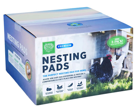 Box of Cozy Egg Nesting Pads For Hens, 8 Pack, 13x13 Inches, shown with graphic of roosters