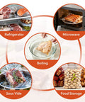 Image showing 8 By 12 Inch Vacuum Sealer Bags Pre Cut Quart Size Must Have For All Vacuum Sealers BPA Free in refrigerator, sous vide, microwave, boiling, and food storage uses.