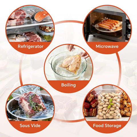 Image showing 8 By 12 Inch Vacuum Sealer Bags Pre Cut Quart Size Must Have For All Vacuum Sealers BPA Free in refrigerator, sous vide, microwave, boiling, and food storage uses.
