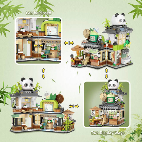 Mini Tea Shop Building Blocks Set 860 Pieces MOC Creative Construction Toys With Cute Panda Figures For Kids And Adults 6 12 Plus Gift Idea Realistic Architecture Simulation Model Kit For Collectors And Builders, open and closed display