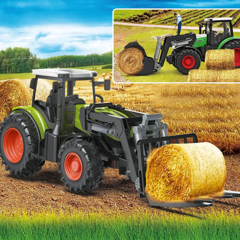 Awesome Remote Control Tractor Farm Playset with Trailer and Timber Truck in field with hay bale, easy pairing RC for kids.