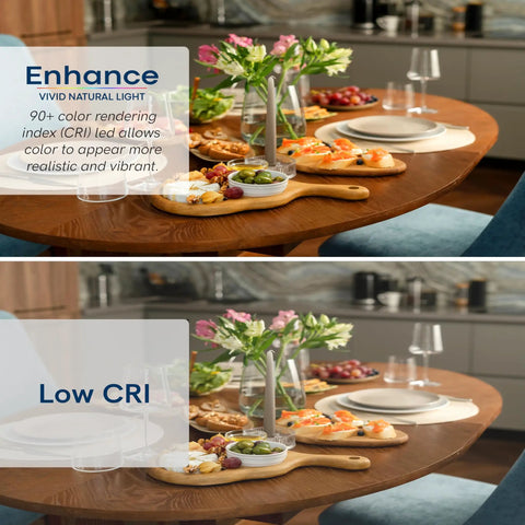 Canless Led Recessed Light Six Inch 3000K Warm White Yields A Sweet Nine Hundred Twenty Five Lumens At Lean Wattage For Real Bang Buck Savings Smooth Zero Cut Drywall Swap And Dead Nuts Reliable Wet Rating Bundled In Crisp White Finish Four Pack displayed on a wooden dining table with food and flowers.