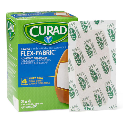 Box and single Flex-Fabric Adhesive Bandages X-Large 2x4 50 Count with breathable woven design on display
