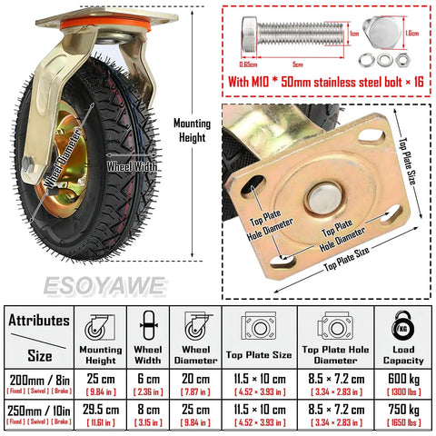 Heavy Duty Pneumatic Caster Wheels Roll Easy On Concrete With Dependable Foot Brakes And Top Notch Shock Absorption For Workbenches Carts Heavy Loads And Material Dollies In Eight Or Ten Inch Builds, 8-inch wheel diameter with zinc plate assembly.