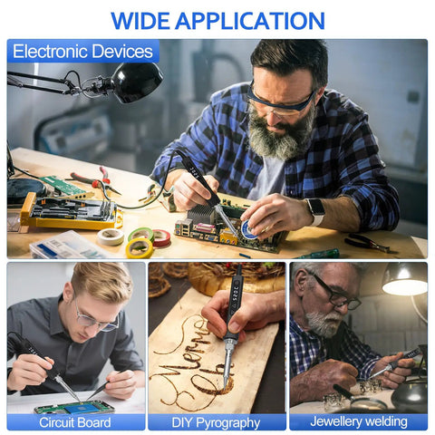 Collage showing diverse uses of 120W LED Soldering Iron Kit With 7 Second Heat Up, Adjustable 356-968F Temperature, Auto Sleep in electronics, DIY, and crafts.