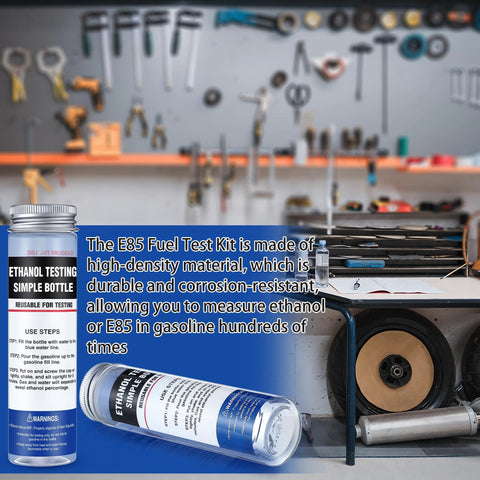 2 Pack Reusable E85 Ethanol Tester Kit With Wide Mouth Bottles shown in a workshop with instructions visible on bottles