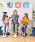 Three students on Twist Active Wobble Stool For Flexible Classroom Seating And Collaboration, 18 Inch Seat Height Navy Color