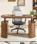 Electric Standing Desk with Storage 55 by 22 Inch Sit Stand Workstation in Walnut Wood, Adjustable Height Mid Century Modern Style
