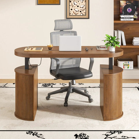Electric Standing Desk with Storage 55 by 22 Inch Sit Stand Workstation in Walnut Wood, Adjustable Height Mid Century Modern Style