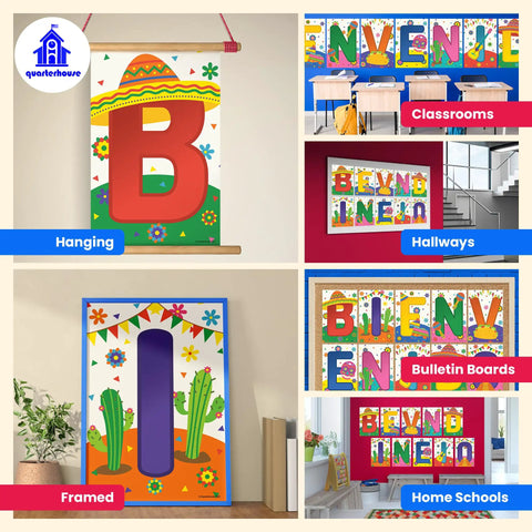 Bienvenidos Welcome Poster Set For Spanish Classrooms with various display options, including hanging and framed, 12x18 inches.