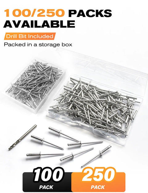 Tri Fold Pop Rivets One Eighth Inch By Half Inch, 100 Pack High Grip Exploding Bulb Blind Rivets visible with drill bit