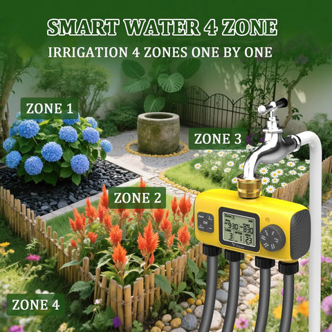 Smart Four Zone Garden Hose Timer With Four Independent Outlets brass inlet and display, in garden with labeled zones.
