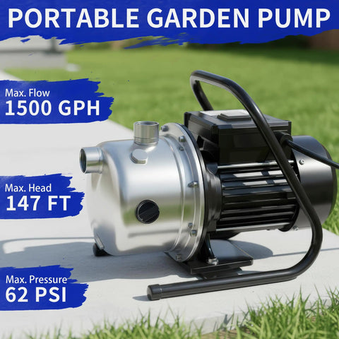 Shallow Well Pump With Stainless Steel Build, 1.6 HP Water Transfer Pump, 115V Garden Irrigation Pump on grass