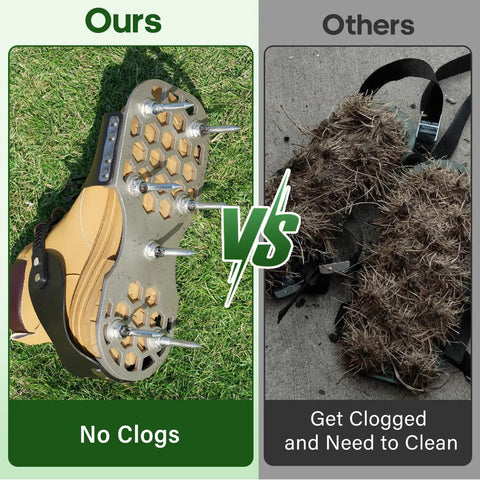 Comparison image showing Pro-Grade Lawn Aerator Shoes With 5mm Metal Sole And Bend-Resistant Spikes vs. clogged competitor shoes.