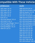Vehicle compatibility list for Audi and Volkswagen models including Jetta, Golf, A4, A5, A8, from 2009 to 2021.