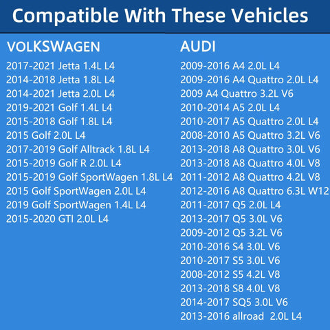 Vehicle compatibility list for Audi and Volkswagen models including Jetta, Golf, A4, A5, A8, from 2009 to 2021.