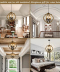 21.6 Inch Farmhouse Wood Orb Chandelier With 4 Lights Rustic Dining Room Light Fixture in various home settings.