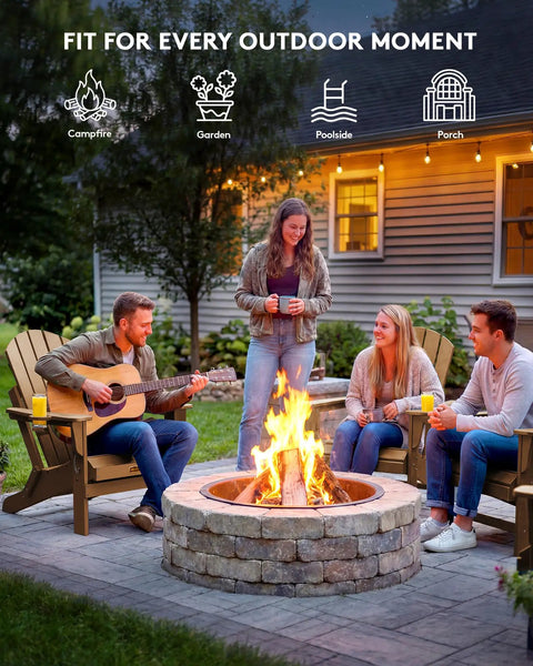 Group enjoying fire pit in Foldable Adirondack Chair Set Of 2 With Built In Cup Holder Weather Resistant Space Saving Foldable Outdoor Chairs