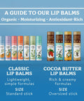 A variety of Must Have Organic Lip Balm Gift Set Four Flavor Pack Featuring Tangerine Lavender Orange Vanilla Grapefruit Silky Long Lasting Moisturizer For Dry Lips With All Natural Beeswax Olive Oil And Aloe, showcasing classic and cocoa butter formulations.