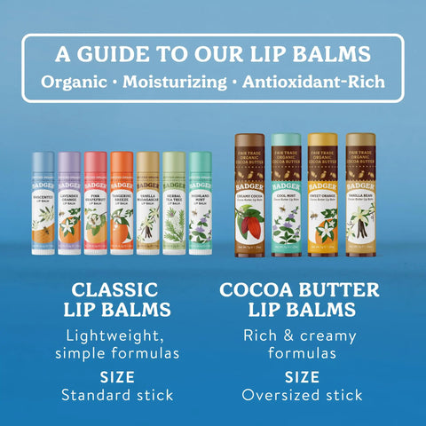 A variety of Must Have Organic Lip Balm Gift Set Four Flavor Pack Featuring Tangerine Lavender Orange Vanilla Grapefruit Silky Long Lasting Moisturizer For Dry Lips With All Natural Beeswax Olive Oil And Aloe, showcasing classic and cocoa butter formulations.