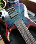 Close-up of a guitar with multi-color finish using Brite Tone High Solids Water Based Polyurethane Instrument Finish Gloss No Yellowing.