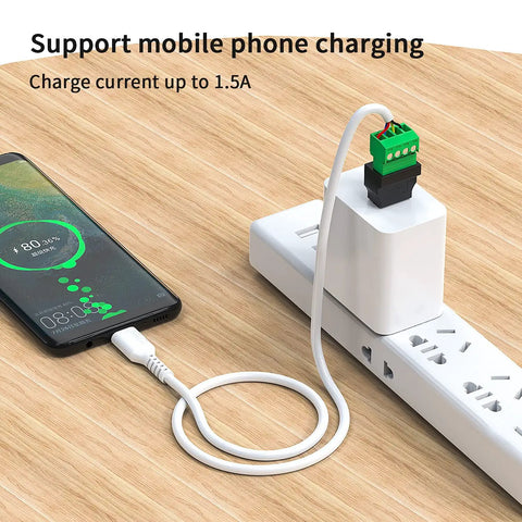 Solderless USB Two Point Zero Connectors DIY Adapter Kit With Plug And Play Screw Terminal Block connected for charging a phone.