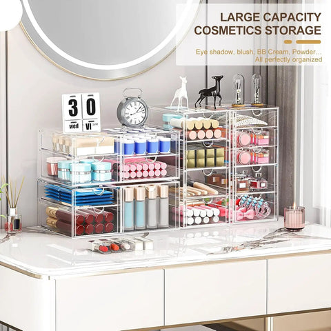Super Clean 4 Pack Clear Acrylic Desk Organizers Holding 16 Drawers To Sort Makeup Stash While Saving Counter Space With Modular Trays on dresser.