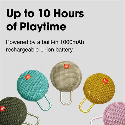 Various colors of "Clip 3 Fiesta Red Portable Bluetooth Speaker With Up To 10 Hours Of Playtime, Waterproof And Durable" displayed.