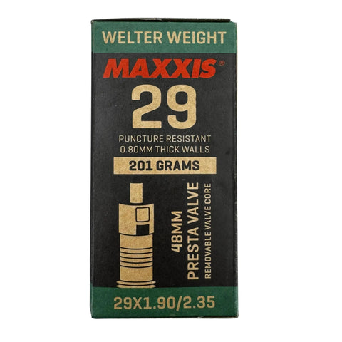 Beefy Welter Weight 29 Inch MTB Inner Tube With 48 Mm Presta Valve And Removable Core Puncture Resistant 0.8 Mm Butyl Wall Fits 29X1.90 To 2.35 In Wide Range Dual Pack packaging